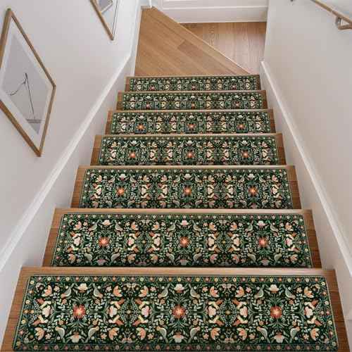 OJIA Floral Stair Treads Non-Slip Stair Runner for Wooden Steps Indoor 15PCS 30"x8" Carpet Stair Treads Stair Mats Staircase Step Treads for Kids, Elders and Dogs, Stair Covers, Black