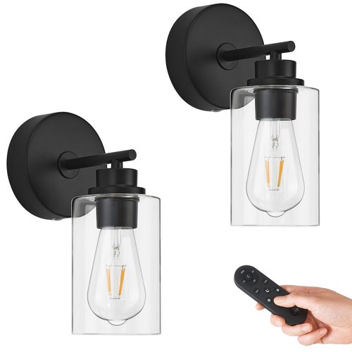 Battery Operated Wall Sconce Set of 2 with Remote Control, Black Rechargeable Wireless Wall Decor Light with Glass Shade, Cordless Wall Lamp for Bedroom Bathroom Mirror Hallway, 3000K Bulbs Include