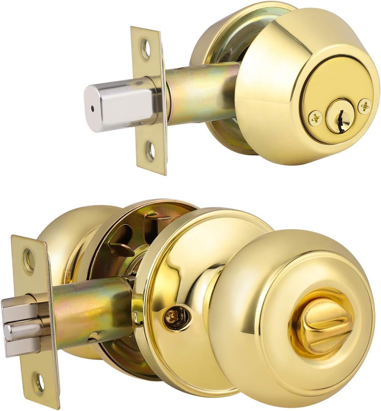 Brotima 1 Pack Polished Brass Round Style Entry Door Knobs and Deadbolt Combination Set, Keyed Alike Double Cylinder Deadbolt Door Lock Set