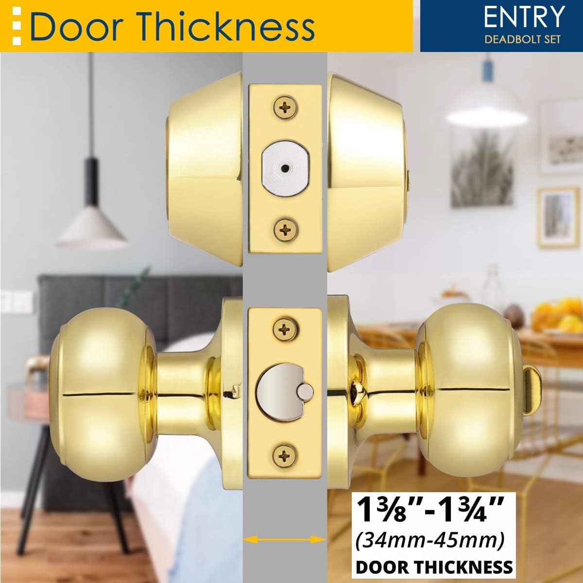 Brotima 1 Pack Polished Brass Round Style Entry Door Knobs and Deadbolt Combination Set, Keyed Alike Double Cylinder Deadbolt Door Lock Set