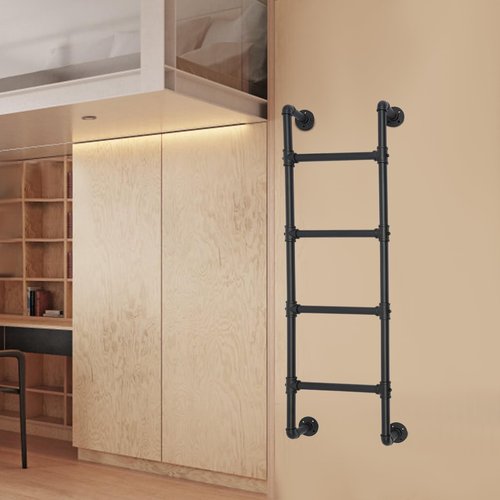 Carbon Steel Black Wall/Floor-Mounted Ladders 49.21inch 4-Step Basement Window Well Egress & Fire Emergency Escape Ladder with Bases & Pre-drilled Holes for Home Loft Loads 440.92lbs