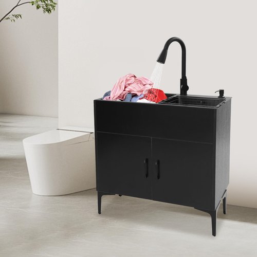 Laundry Sink w/Cabinet &Pull-Out Faucet, Kitchen Sink Cabinet w/Draining Basket, Stainless Steel Double Bowl Utility Sinks, Wash Station Tub for Kitchen Laundry Room(29.5''L*16.1''W*30.7''H) (Black)