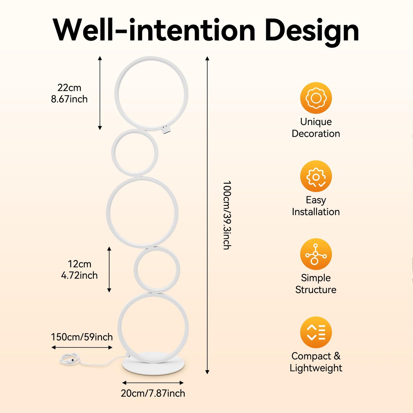 SpaceBovae Modern 5-Circle Ring-Style Floor Lamp, Artistic Trendy Design Ring Standing Lamp, One-Touch Switch Led 5 Ring Floor Standing Tall Lamps for Living Room,Ideal for Home and Office