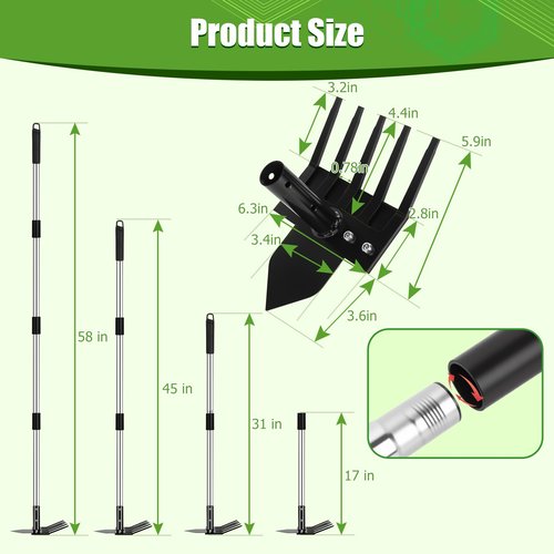 Poiyham 2-in-1 Hoe Garden Tools, 17-58" Weed Puller Tool with Long Handle, Heavy Duty Handle Garden Hoe and Weed Rake, Hoes for Gardening Yards Lawns Gardens Weeding