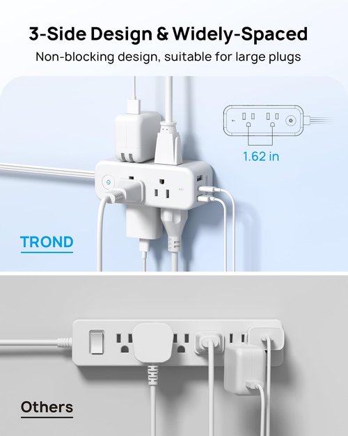 TROND 360° Rotating Flat Plug Power Strip, 6 Widely Spaced Outlets, 2 USB A and 1 USB C, 1440J Surge Protector, Wall Mountable, Extension Cord 5ft for Home Travel Office Dorm Room Essentials, White