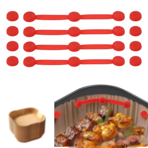 4pcs Air Fryer liner Magnets Set, Universal Fit Strip-Shaped Air Fryer Silicone Magnet Buckle with 8 Single Silicone Magnetic Buckle for Protecting Basket from Scratches Fixing Parchment Paper(Red)