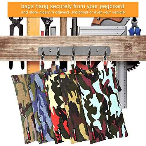FunOwlet Canvas Tool Pouch Zipper Bag - 5 Pack Heavy Duty Utility Camo Bags with Carabiner, Multi-Purpose Storage Organizer Clip on Tote Pouches 12.5 x 7-Inch