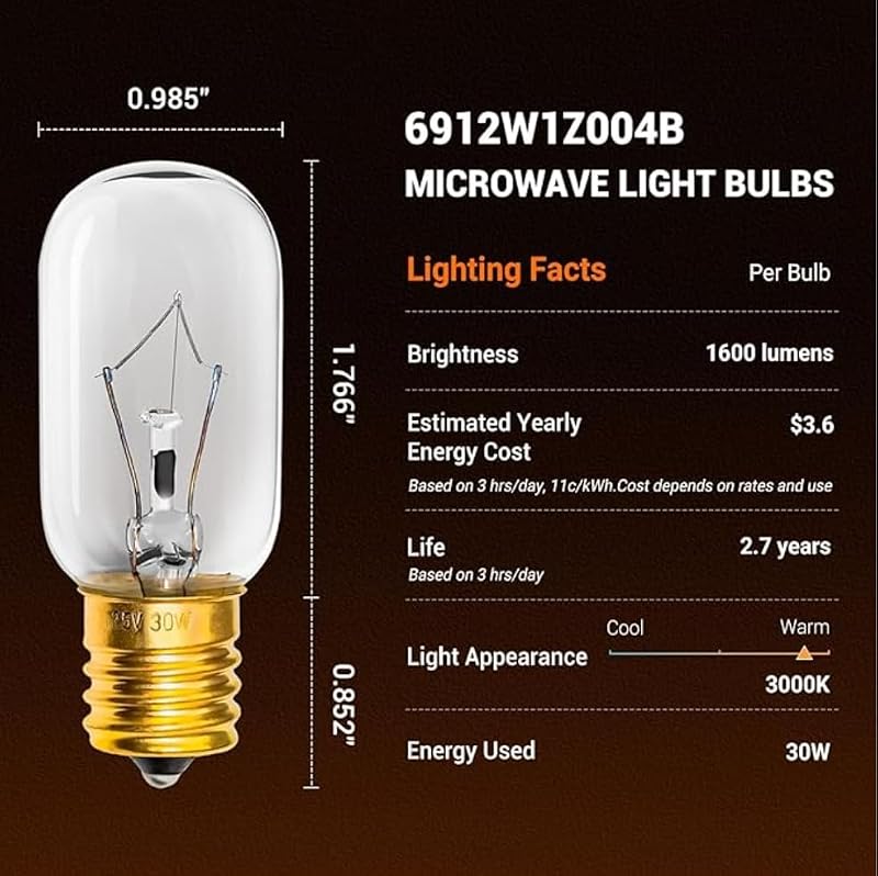 Belleone 2 Pack Dimmable 125V 30W E17 Microwave Light Bulbs for LG/Frigidaire/Kenmore/Whirlpool/GE – Replaces 6912W1Z004B