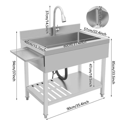 Stainless Steel Utility Sink 35.4" x 22.4", Free Standing Single Bowl Kitchen Sink with Pull-Out Faucet, Deep Basin Commercial Sinks with Storage Shelf for Laundry Room, Workshop, Basement (Silver)