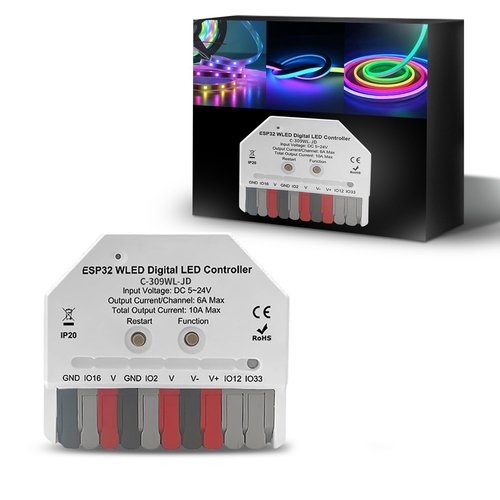 JAADOEY ESP32 Mini WLED LED Controller, Smart DIY Lighting, Easy Wiring, Compatible with Addressable RGB LED Strip Lights WS2811, WS2812, WS2813, WS2815, SK6812, TM1814, C-309WL-JD