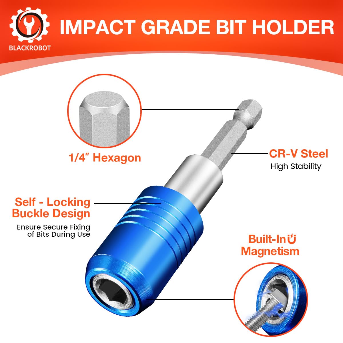 BLACKROBOT 4-Piece Magnetic Quick Change Impact Bit Holder, 2.5-Inch Drill Bit Extension for 1/4" Hex Drives, Ideal for Screwdriver Bits, Nuts, Drills and Socket Driver Adapters