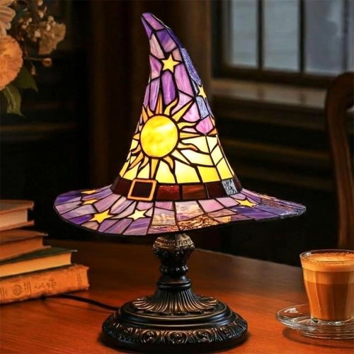 Witch Hat Lamps - Handcrafted Stained Gothic Wizard Hat Lights for Decor, Mystical Bedroom Ambiance & Wiccan Gifts，Light with Glow-in-The-Dark Figurine for Bedroom (Green)