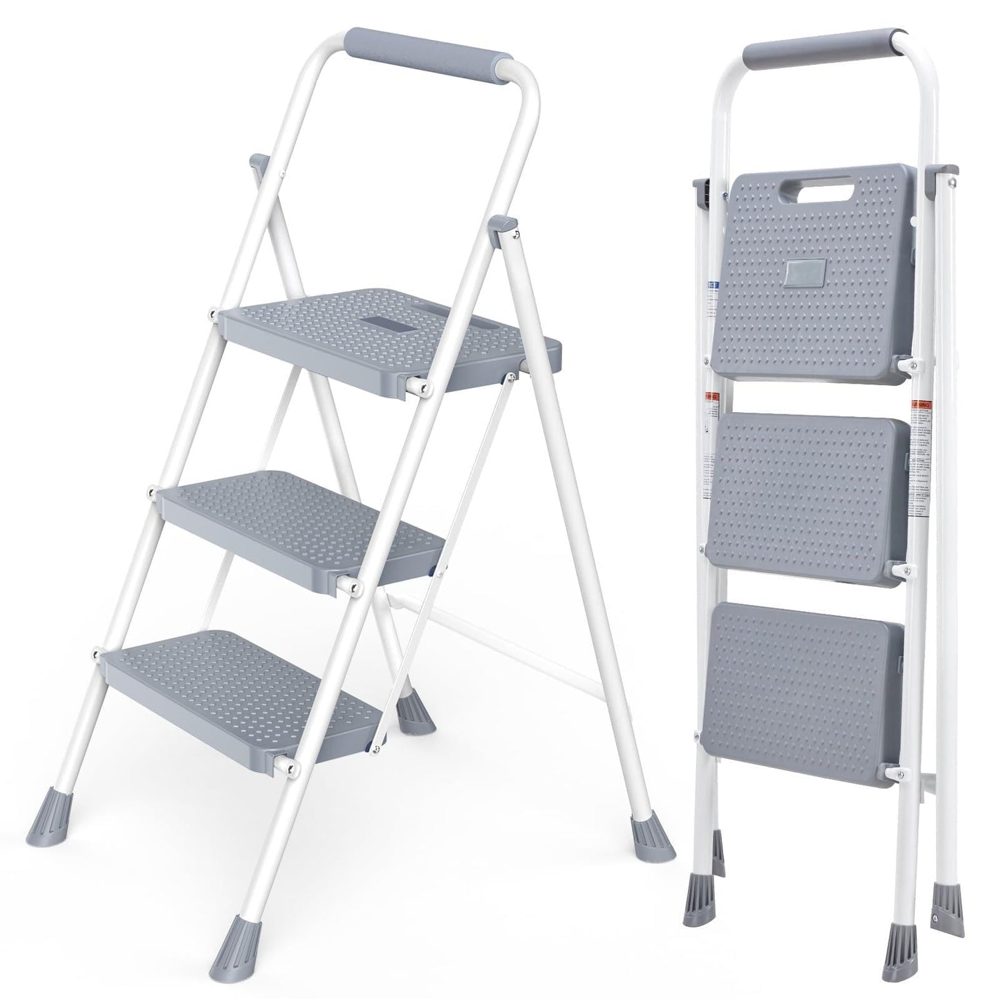 DUMOS Step Ladder, 3 Sturdy Step Stool with Anti-Slip Pedal & Comfortable Handrail, Portable Heavy Duty Stool for Kitchen, Garage & Outdoor Use, 800lbs, Pale Grey