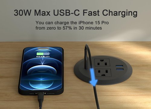 MAZZGOFOR 2pcs Desktop Power Grommet 3 Inch,PD30W USB C Desk Fast Charging Station,3 USB Ports,Flush Mounted for 3-1/8" Desk Grommet Holes,Round Recessed Power Outlet,ETL-Certified,6.3 ft Cord,Black