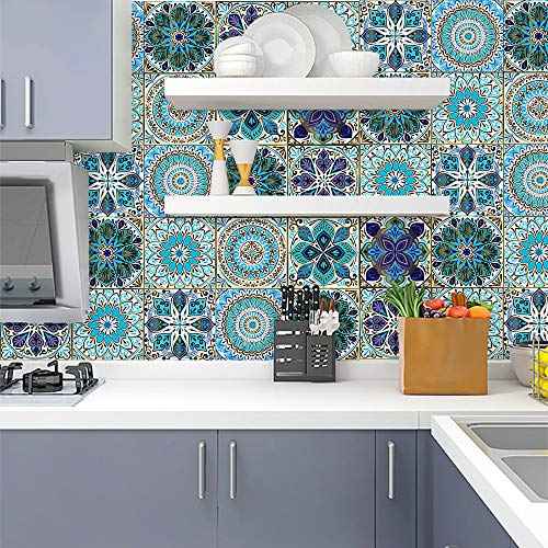 Kakofaci Mandala Style 12 Pcs (6x6 in) Decorative Tile Stickers, Peel and Stick Self Adhesive Removable Moroccan Talavera Tiles Backsplash Waterproof Kitchen Bathroom Furniture Staircase Home Decor