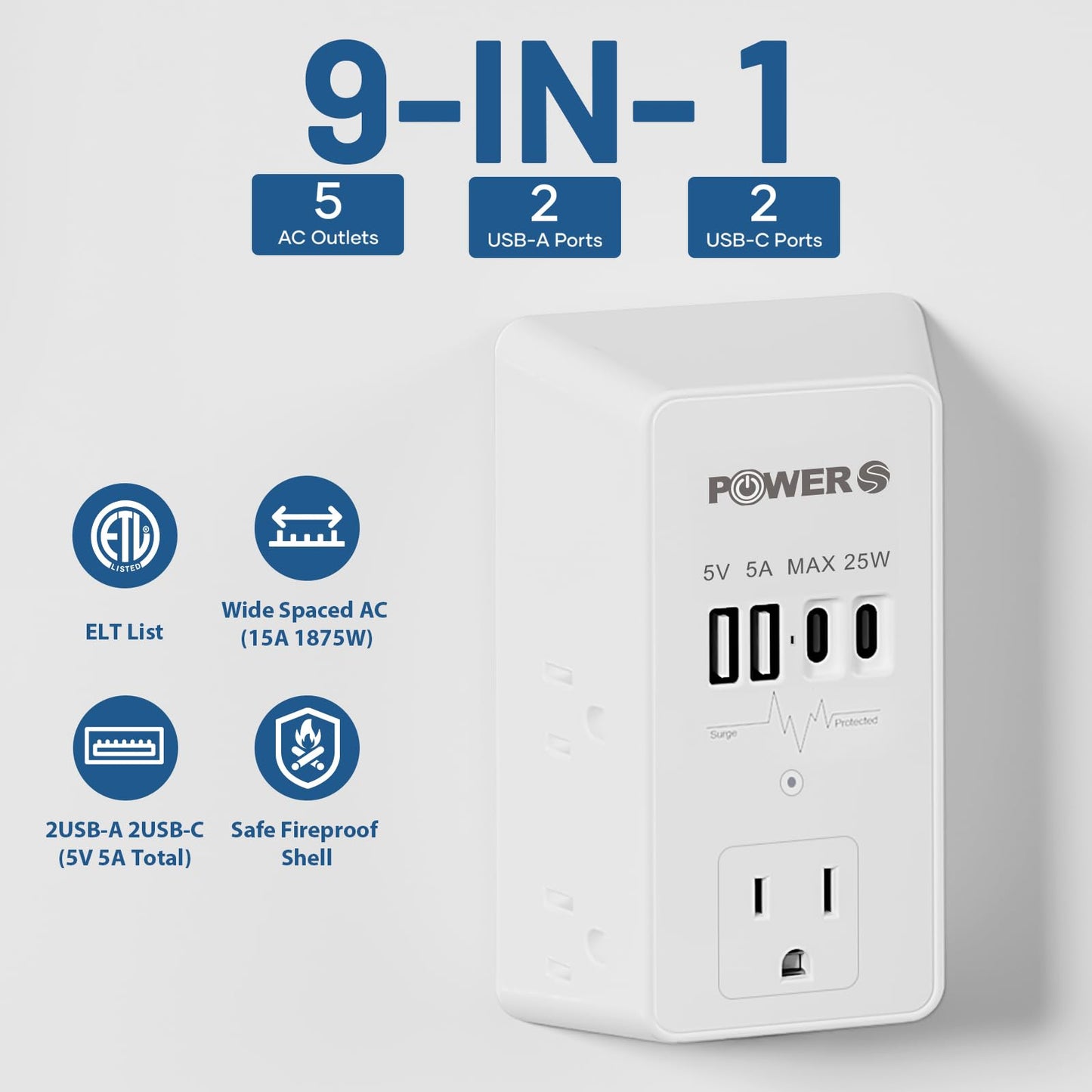 Electrical Outlet Extender with USB Ports (2C2A), Snug Wall Outlet, Surge Protector, Wall Plug Adapter for Multiple Devices, Wall Socket Expander