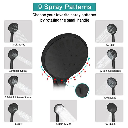 Shower Head, 8‘’ High Pressure Rainfall/Handheld Shower Combo with 11'' Extension Arm, 9 Settings, Anti-leak Shower Head with Holder, Height/Angle Adjustable, Chrome, Matte Black