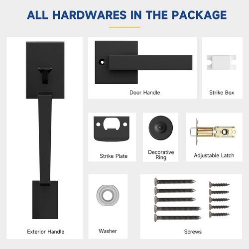 RAFECIEE Black Front Door Handle No Lock, Modern Exterior Door Handle with Passage Lever, Reversible for Left & Right Hand Door, Front Door Handleset