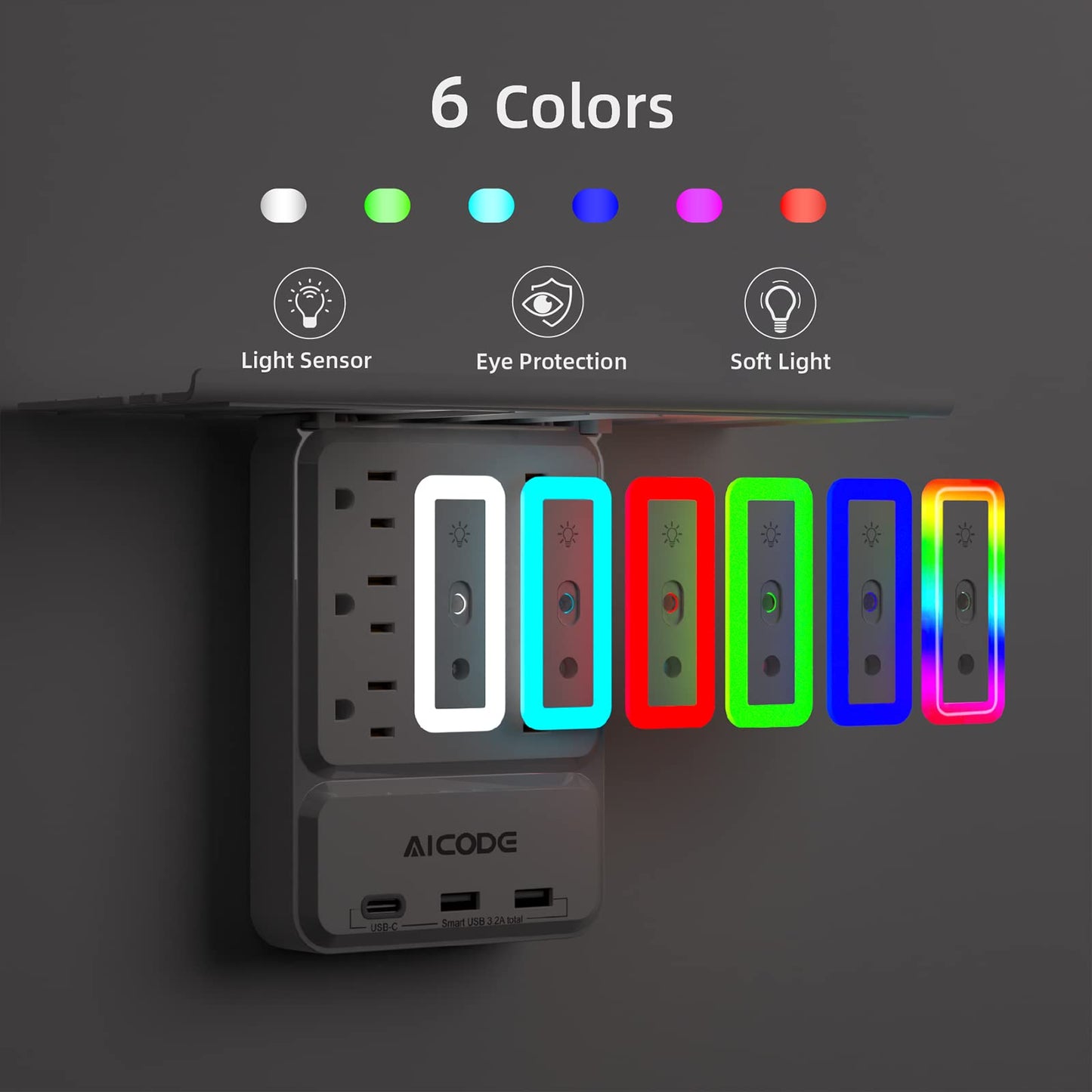 Wall Outlet Extender with Shelf, USB C Outlet with Surge Protector with Nightlight,6 Outlets with 3 USB Ports(2 USB A*1 USB C) Plug Expander Charger Large Shelf with Storage for Bathroom,Kitchen,Dorm