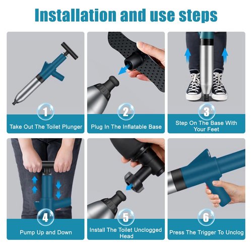 Toilet Plunger Drain Clog Remover: High Pressure Air Drain Blaster Gun Drain Clog Remover Tool- Stainless Steel Air Plunger for Bathroom, Sink, Floor, Kitchen Clogged