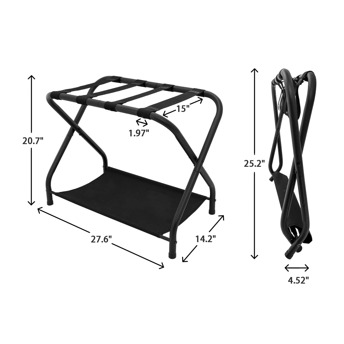 ZEKEYUN 2 Pack Luggage Rack with Storage Shelf, Steel Folding Suitcase Stand, Black Luggage Stand for Indoor Bedroom, Living Room and Outdoor Camping, 27.5 x 14.2 x 20.7 Inches, Holds up to 100 lb