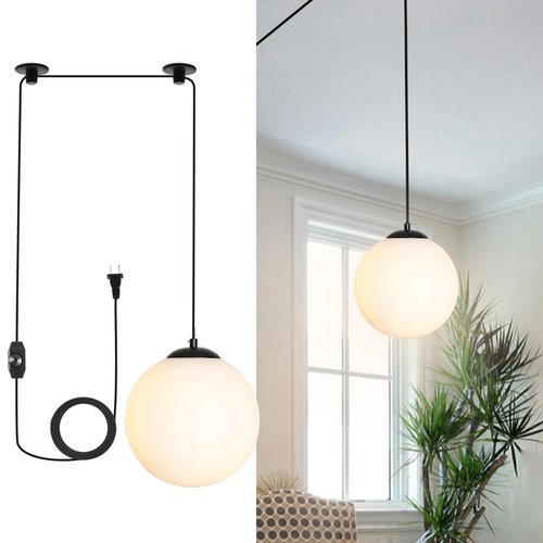 MASIVEL Glass Globe Pendant Light Plug in Modern Mid Century Ceiling Hanging Light Black 10" Globe Chandelier Hanging Cord with Dimmable Switch for Bedroom Kitchen Dining Room 1 Light