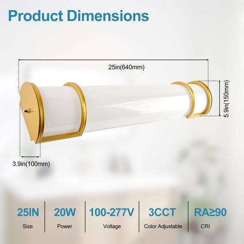 Lightdot 25 Inch Gold Vanity Light - 20W LED Mirror Bar w/ 3CCT Toggle Switch (3000K/4000K/5000K), 100-277V, Wall Mount Bathroom Light