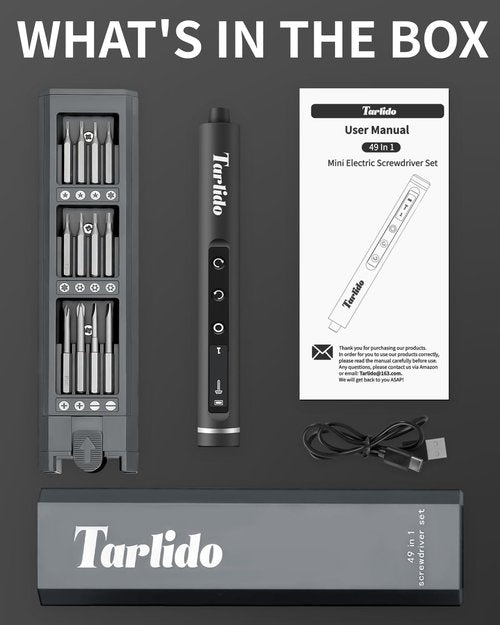 Tarlido Electric Screwdriver, 4V Precision Screwdriver Set, 49-in-1 Cordless Power Screwdriver, USB-C Cable, Max 3.5 N.m Torque, Compact Magnetic Tool for Phone Camera Laptop Electronics Home Repair