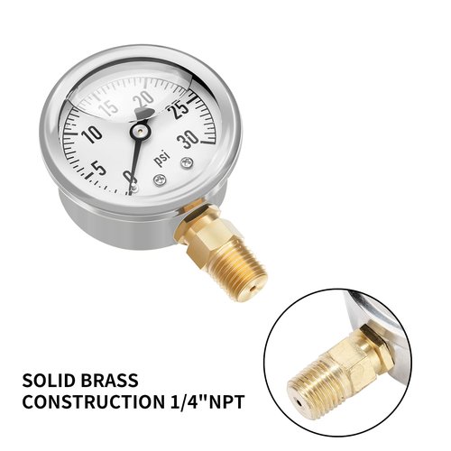 MEASUREMAN 2-1/2inch Dial Size, Glycerin Filled Plumbing Pressure Gauge, 0-30psi, Stainless Steel Case, 1/4inch NPT Lower Mount