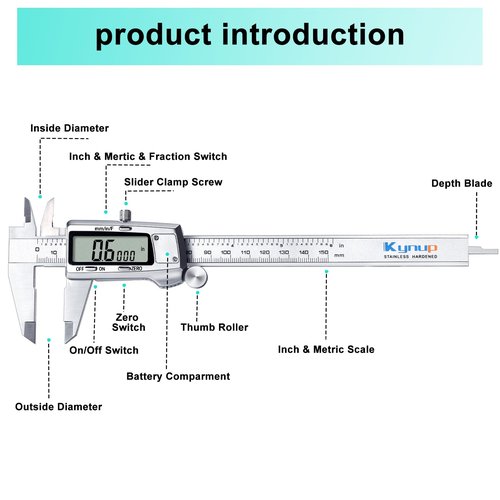 Kynup Digital Caliper, Caliper Measuring Tool, Micrometer Dial Vernier Caliper Digital, Full Turn Off, Stainless Steel, Switch from Inch Metric Fraction (6Inch/150MM)