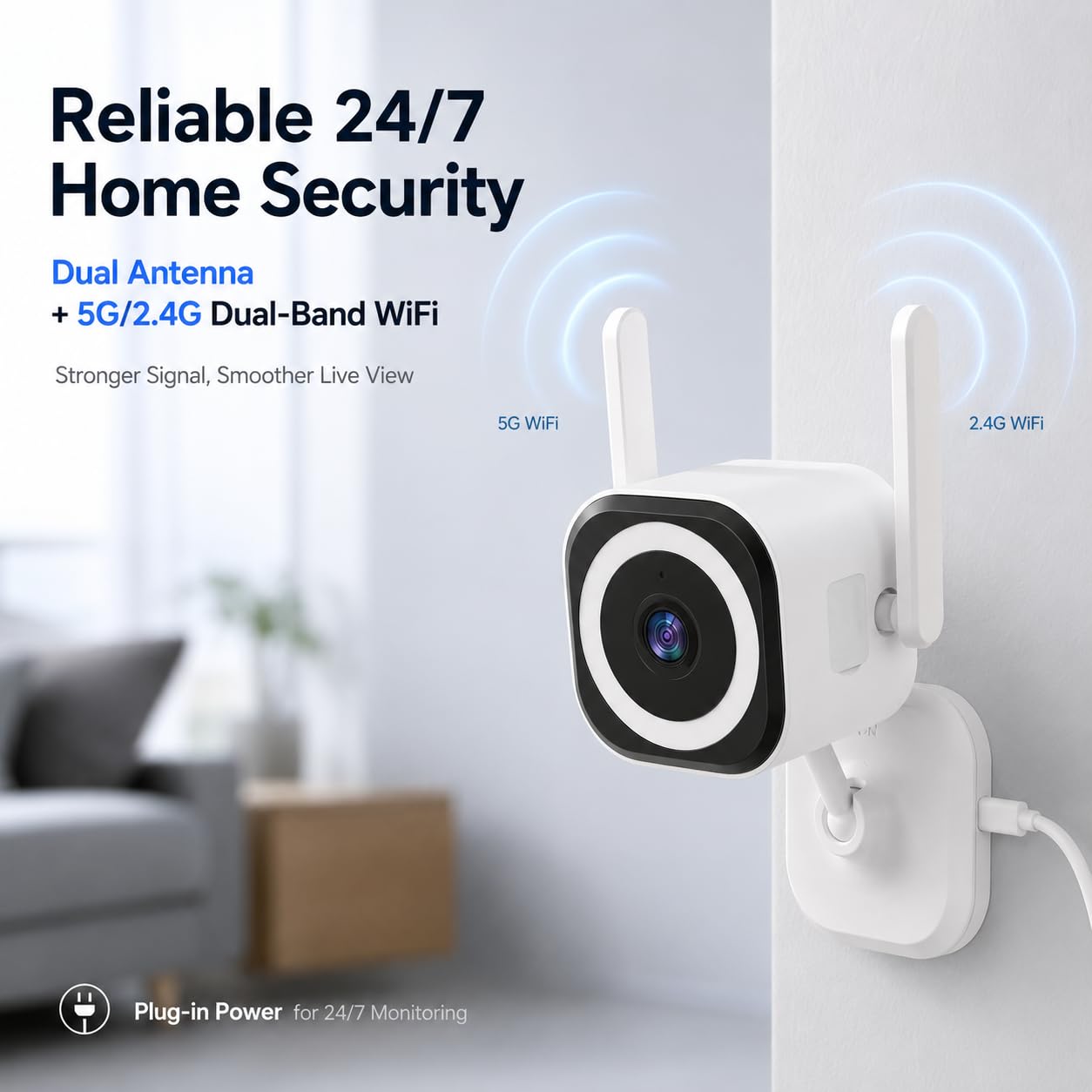 GUOANVISION Cameras for Home Security Indoor Outdoor, Dual Antenna 5G/2.4G WiFi Security Camera, Plug-in Stable Live View, 2K Color Night Vision, 4X Zoom, 2-Way Audio, IP66, SD/Cloud