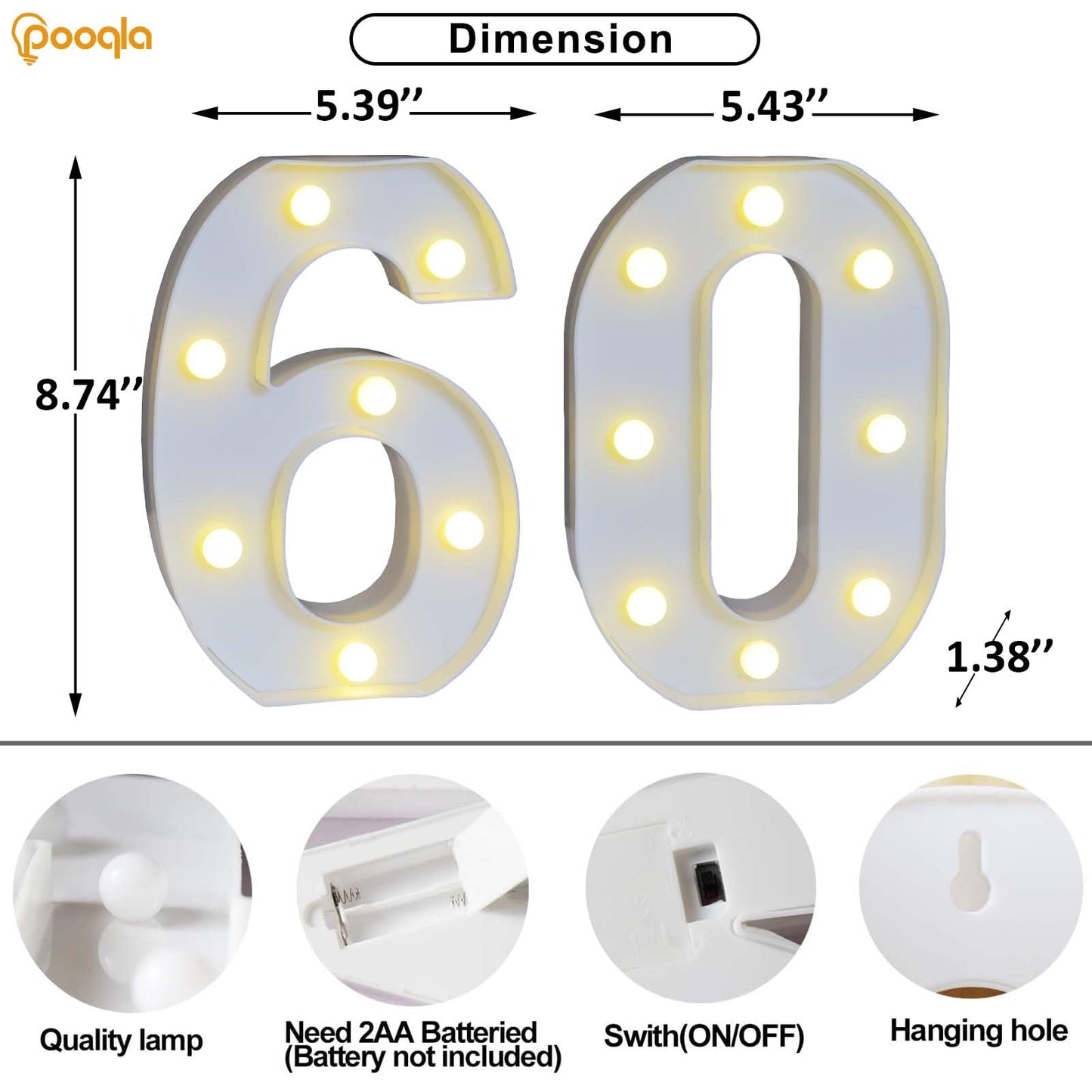 Pooqla Decorative Led Light Up Number Letters, White Plastic Marquee Number Lights Sign for 60th Birthday Party Wedding Decor Battery Operated Number (60)