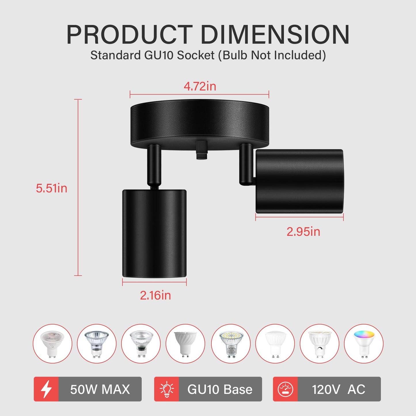 BoostArea LED 2 Light Track Lighting Kit, LED Track Lighting Fixtures, Black Round Ceiling Spot Lighting, Flexibly Rotatable Light Head for Kitchen, Living Room, Bedroom, GU10 Bulb Not Included