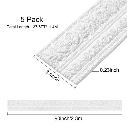 TaoBary 5 Roll 90 x 3 Inch Self Adhesive Flexible Foam Molding Trim Wallpaper Border 3D Sticky Decorative Wall Lines Peel and Stick Wall Baseboard Trim for Home Hotel DIY Decor