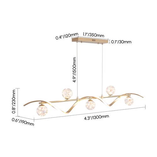 Weibath 6-Light LED Linear Kitchen Island Lighting in Gold with Glass Globe Shade Dimmable Ceiling Light