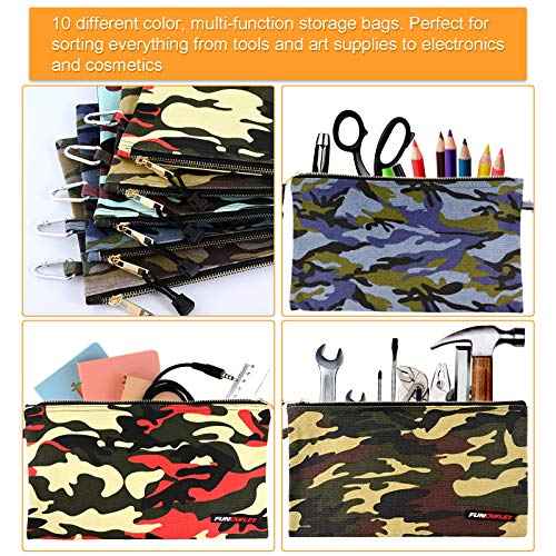 FunOwlet Canvas Tool Pouch Zipper Bag - 5 Pack Heavy Duty Utility Camo Bags with Carabiner, Multi-Purpose Storage Organizer Clip on Tote Pouches 12.5 x 7-Inch