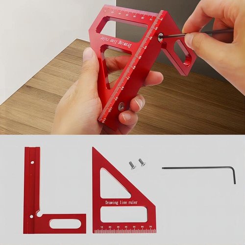 3D Multi-Angle Measuring Ruler, Aluminum Alloy 45°/90° Square Protractor Triangle Rulers, Woodworking Drawing Line Tool, Red(Imperial)