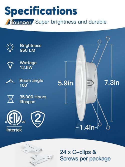 BBOUNDER 12 Pack 5/6 Inch LED Recessed Downlight, Baffle Trim, Dimmable, 12.5W=100W, 5000K Daylight, 950 LM, Damp Rated, Simple Retrofit Installation -No Flicker