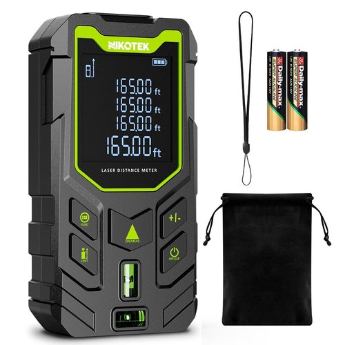 NIKOTEK Laser Measure, 165ft Laser Distance Meter with Bubble Levels and Black LCD Display for Pythagorean Mode, Measuring Distance, Area, Volume
