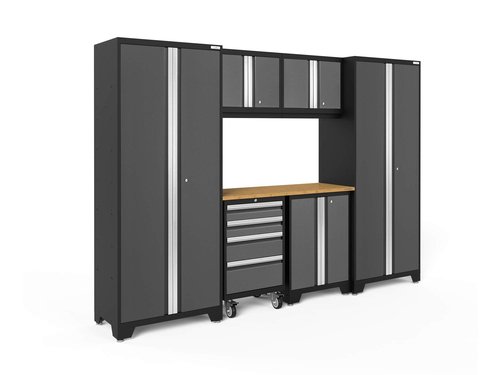 NewAge Products Garage Storage Cabinets Steel Bold Series 7 Piece Sets Includes Bamboo Worktop, Multi-Use lockers, Wall, Base and Rolling Tool Cabinets, Gray, 50421
