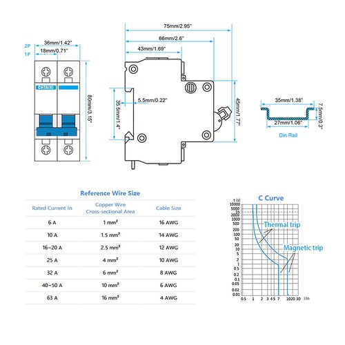 CHTAIXI DC Miniature Circuit Breaker, 2 Pole 500V 20 Amp Isolator for Solar PV System, Thermal Magnetic Trip, DIN Rail Mount, Chtaixi DC Disconnect Switch C20