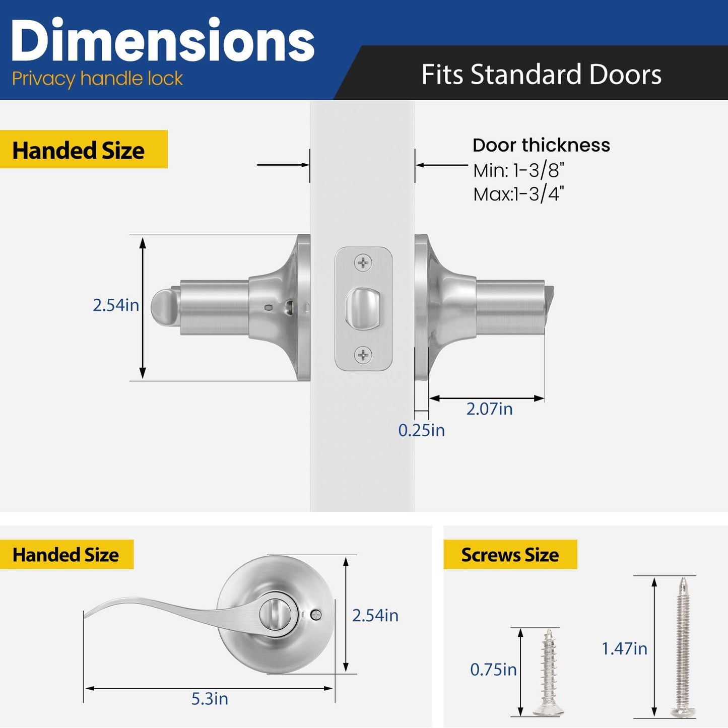 RAFECIEE Privacy Door Lever & Handle – Keyless Lock for Bathroom & Bedroom – Satin Nickel Wave Style Interior Door Knob – Reversible for Left/Right Handed
