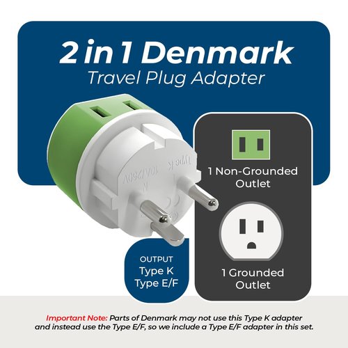 OREI Denmark Power Plug Adapter with 2 USA Inputs - Travel 3 Pack - 1 Type K & 2 Type E/F Safe Grounded Use with Cell Phones, Laptop, Camera Chargers, CPAP, and More
