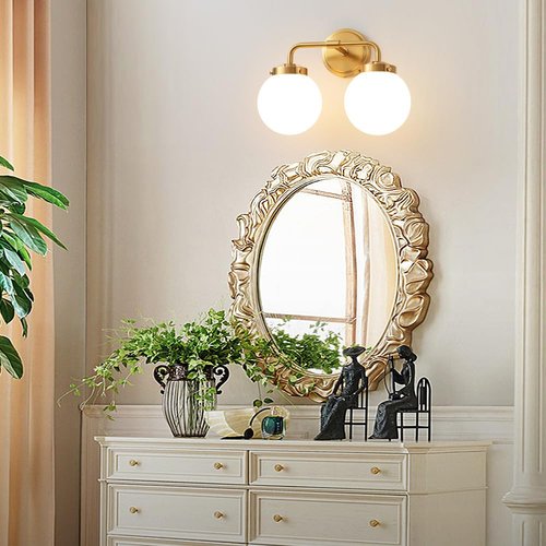 Deyidn Bathroom Vanity Light Fixtures Over Mirror, Modern Brass Gold 2 Lights Wall Sconce Lighting with Milky Glass Ball Shades, Mid Century Farmhouse Bathroom Lighting