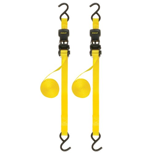 STANLEY S10002 Black/Yellow 1" x 10' Ratchet Tie Down Straps - 500 lb Safe Working Load / 1,500 lbs Break Strength, 2 Pack