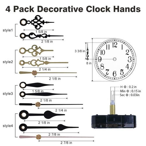 EMOON 2 Pack Clock Movement Mechanism with 4 Pairs of Short Hands Battery Silent Sweep Operated Quartz Clock Motor Kit DIY Repair Parts Replacement, 3/4 Inch Total Shaft Length