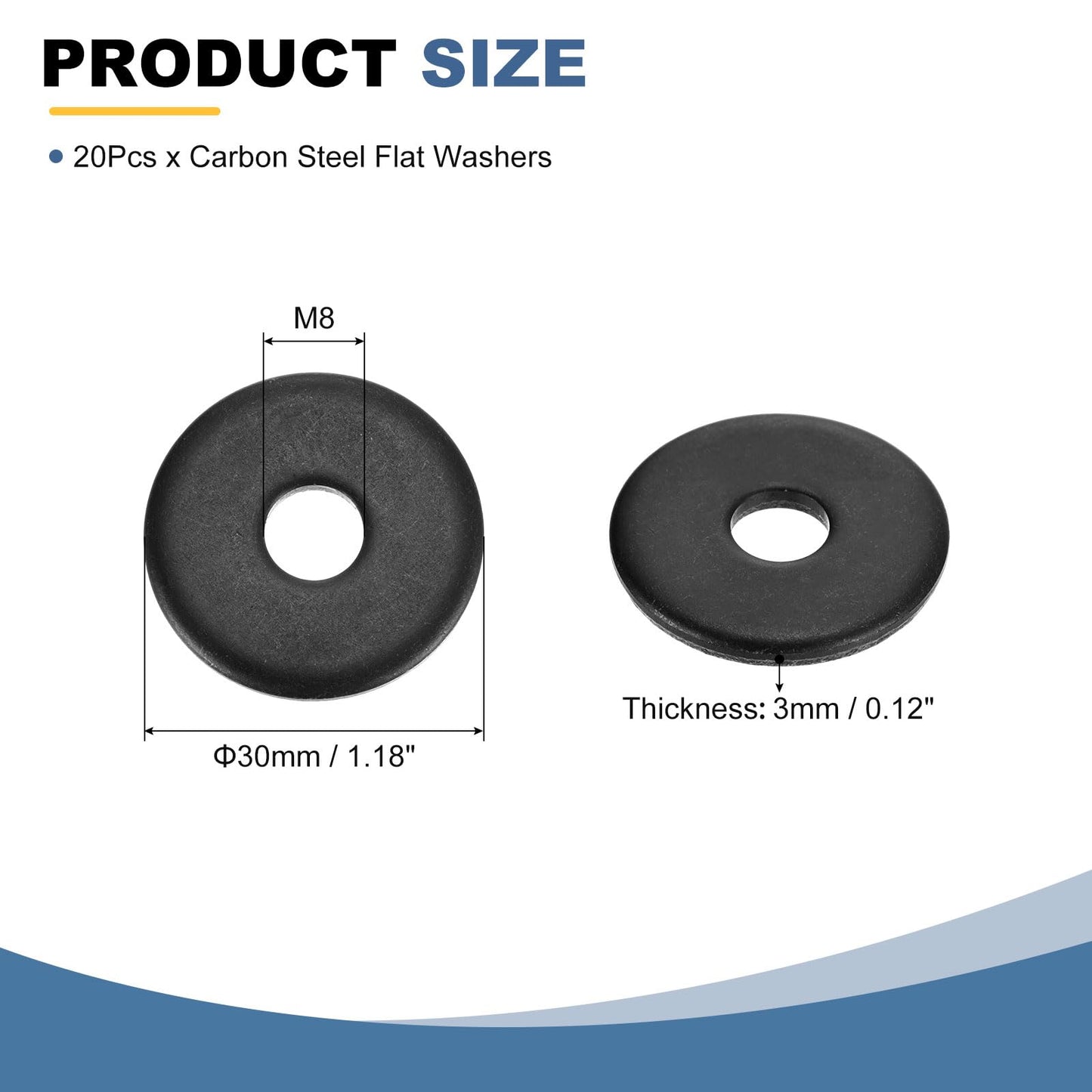 uxcell 20Pcs Carbon Steel Flat Washers, M8x30x3mm Black Oxidized Grade 8.8 Washer, Seal Gaskets Flat Ring for Screws Bolts Machinery Repair, Outdoor Construction