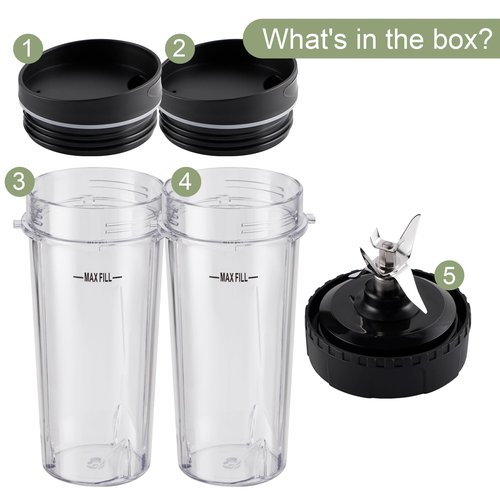 Equust 5-piece Ninja Blender Cups Replacement Single Serve 16oz Cups with Sip & Seal Lids, 6 Fins Extractor Blade Compatible with Nurti Ninja Blenders Pro BL660 BL663 BL663CO BL665Q BL740 BL770