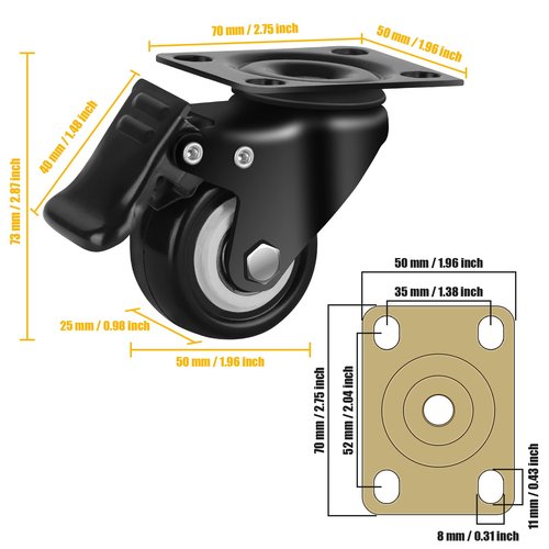 QNCZ 2" Caster Wheels, Casters Set of 4 Heavy Duty but Silent, Excellent Locking Casters with Polyurethane (PU) Wheels, Swivel Plate Castor Wheels for Cart, Furniture, Workbench