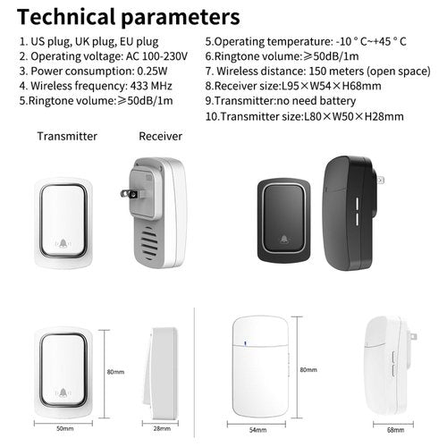 Self-Powered Wireless Doorbell for Home/Office - IP66 Waterproof, Plug-in Doorbell Kit with No Battery Required, 500ft/150m Range & Custom Chimes for Cabin/Classroom (Black)